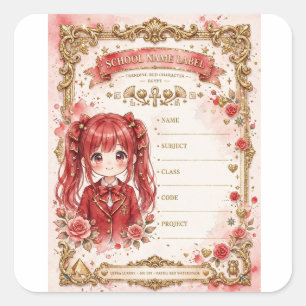 Red Hair Anime Girl School Label