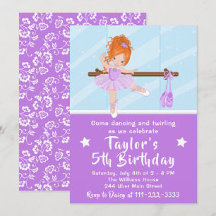 Red Hair Ballerina in Purple Tutu Birthday Invitat Invitation