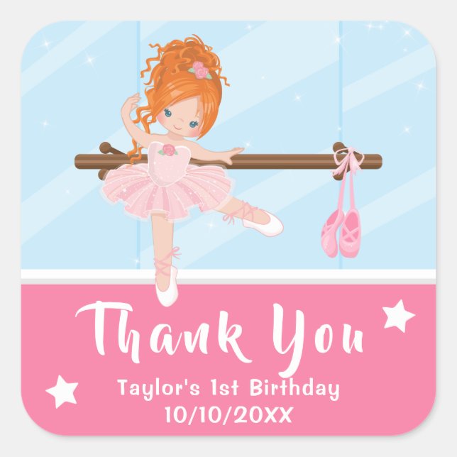 Red Hair Ballerina Pink Birthday Thank You Square  Square Sticker (Front)