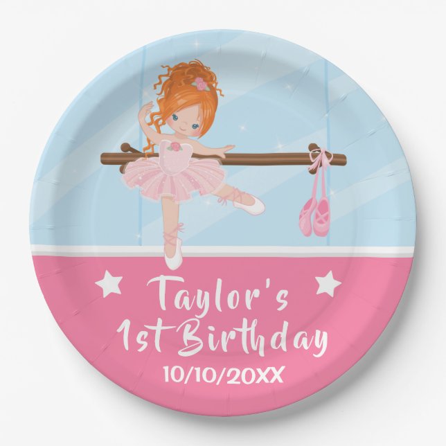 Red Hair Ballerina Pink Tutu Birthday Paper Plates (Front)