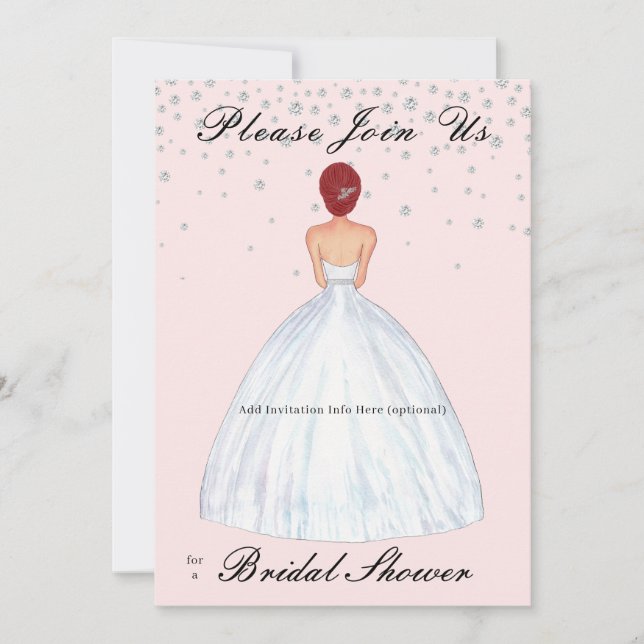 Red Hair Bride Illustration Diamonds Bridal Shower Invitation (Front)