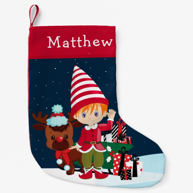 Red Hair Elf Boy with Rudolph Christmas Stocking (Front)