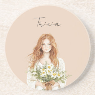 Red Hair Female Daisy Flowers Personalized Coaster