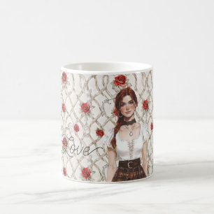 Red Hair Female Roses Faux Wood Floral Love Coffee Mug