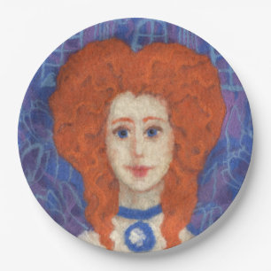 Red Hair, ginger girl rococo fibre art blue orange Paper Plate