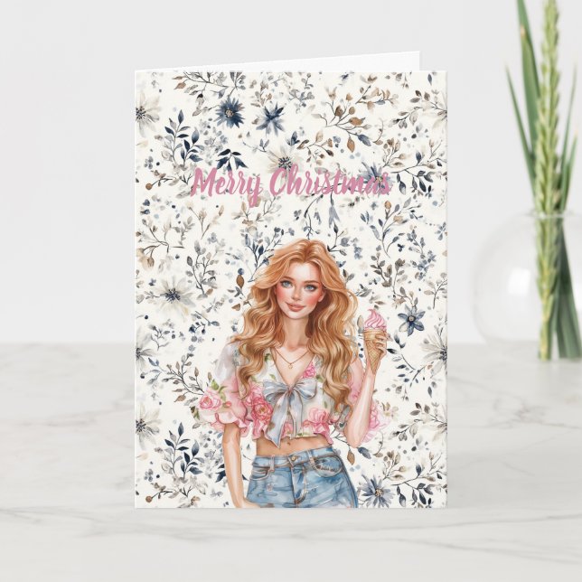 Red Hair Girl Blue Floral Christmas Card (Front)