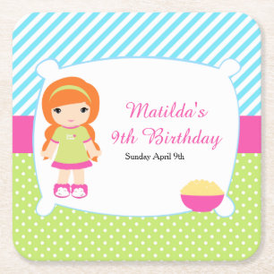 Red Hair Girl Sleepover Slumber Party Square Paper Coaster