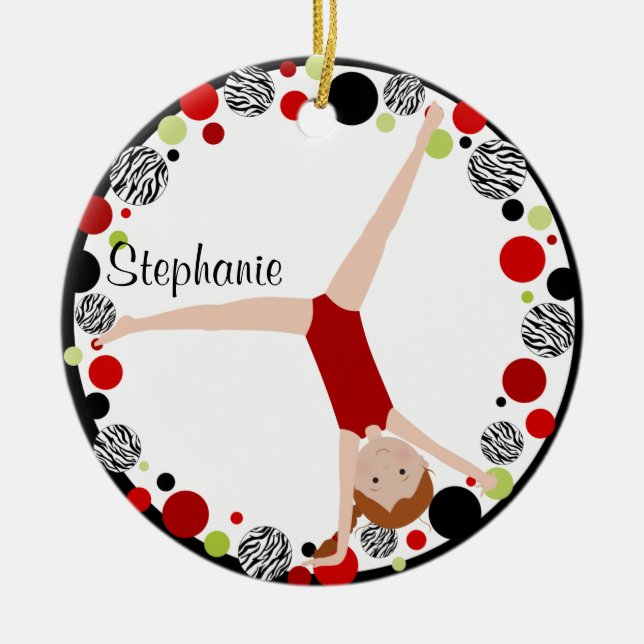 Red Hair Gymnast Red, Black & Green Personalized Ceramic Ornament (Front)