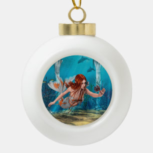 Red Hair Mermaid Underwater Fantasy Art Ceramic Ball Christmas Ornament