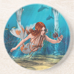 Red Hair Mermaid Underwater Fantasy Art Coaster
