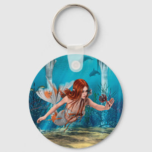 Red Hair Mermaid Underwater Fantasy Art Keychain