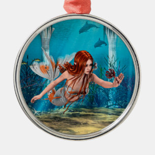 Red Hair Mermaid Underwater Fantasy Art Metal Ornament