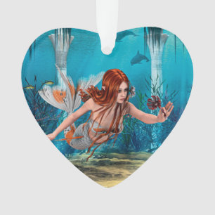 Red Hair Mermaid Underwater Fantasy Art Ornament