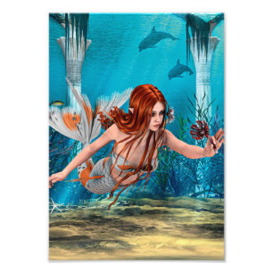 Red Hair Mermaid Underwater Fantasy Art Photo Print