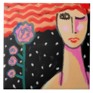Red Hair Pink Roses Abstract Art Tile