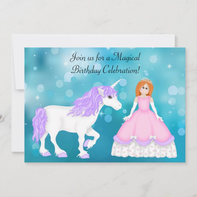 Red Hair Princess and Unicorn Birthday Invitation (Front)
