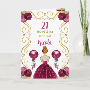 Red Hair Princess Burgundy Happy Birthday Card