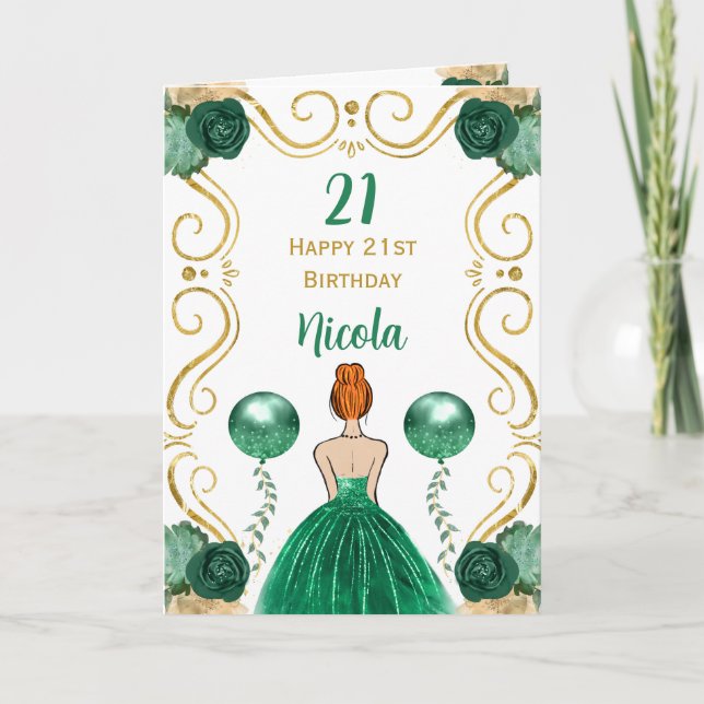 Red Hair Princess Green Happy Birthday Card (Front)