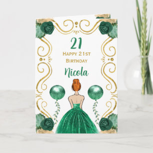 Red Hair Princess Green Happy Birthday Card