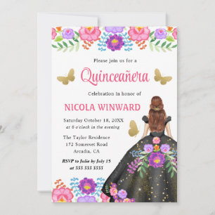 Red Hair Princess Mexican Floral Dress Quinceanera Invitation