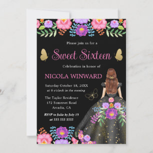 Red Hair Princess Mexican Floral Dress Sweet 16 Invitation