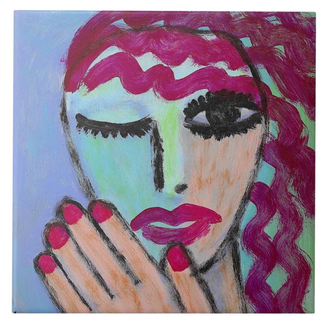 Red Hair Red Nails Abstract Portrait Tile (Front)