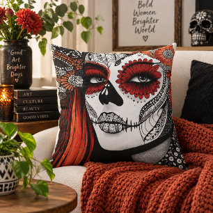 Red Hair Sugar Skull Woman Gothic Folk Art Throw Pillow