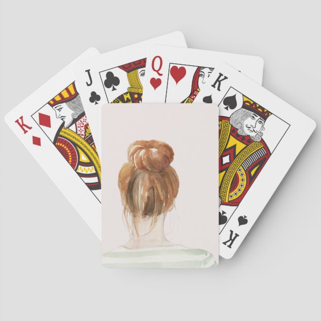 Red Hair Top Knot Bun Playing Cards (Back)