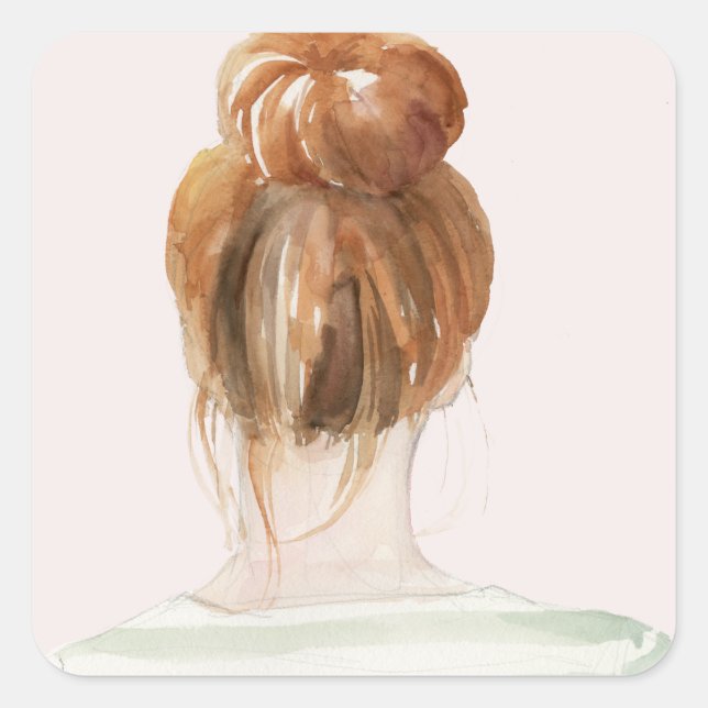 Red Hair Top Knot Bun Square Sticker (Front)