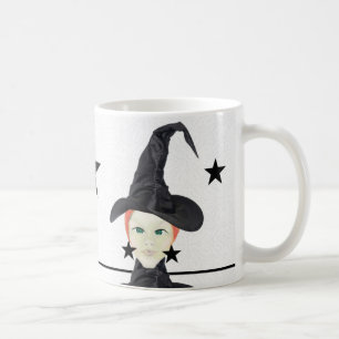 Red Hair Witch, Green Eyes, Stars Black Coffee Mug