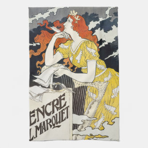 Red Hair Woman Yellow Dress Classic Art Nouveau Kitchen Towel
