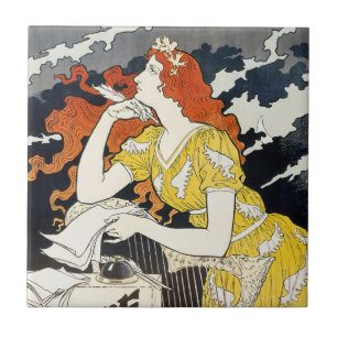 Red Hair Woman Yellow Dress Classic Art Nouveau Tile