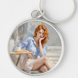 Red haired beauty girl sitting at a cafe soft art keychain