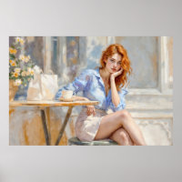 Red haired beauty girl sitting at a cafe soft art
