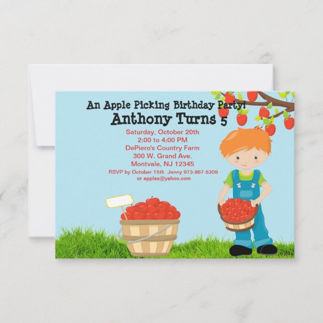 Red Haired Boy Apple Picking Birthday Party Invitation (Front)