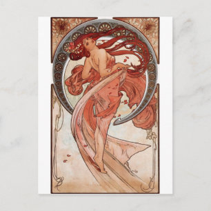 Red Haired Dancing Girl - Mucha Postcard