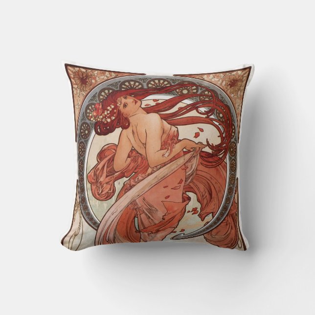 Red Haired Dancing Girl - Mucha Throw Pillow (Front)