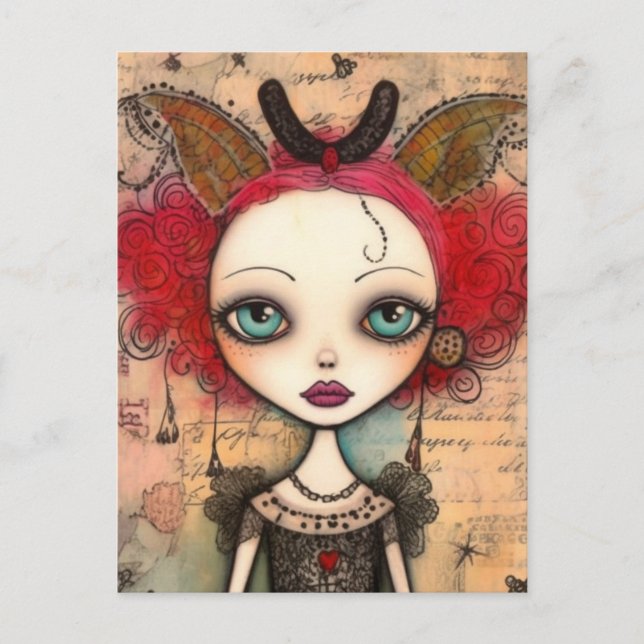 Red Haired Fairy Mixed Media Collage Postcard (Front)