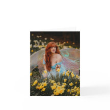 Red-Haired Fairy Picking Daffodils - Folded Card