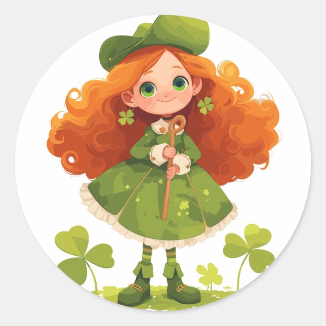Red-Haired Girl in Green Classic Round Sticker (Front)