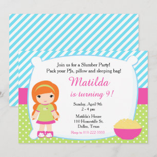 Red Haired Girl Sleepover Slumber Party Birthday Invitation