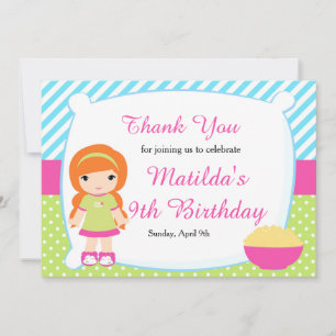 Red Haired Girl Sleepover Slumber Party Birthday Thank You Card