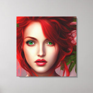 Red haired girl with leaves abstract canvas print
