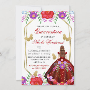 Red Haired in Mexican Floral Dress Quinceañera Invitation