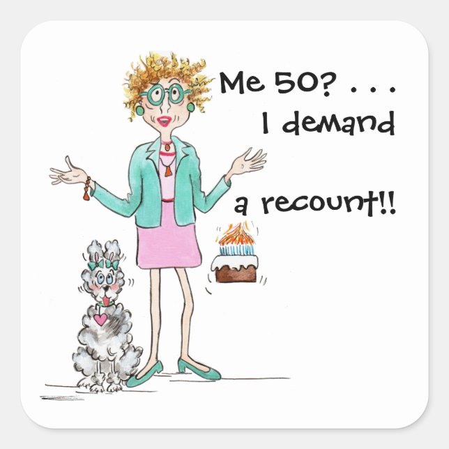 Red haired lady turns 50 and protests square sticker (Front)