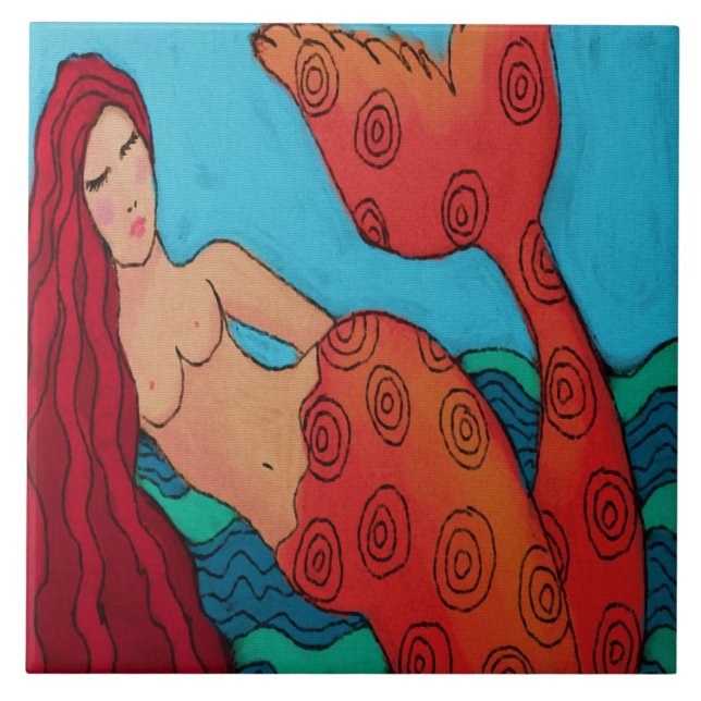 Red Haired Mermaid Abstract Art Ceramic Tile (Front)
