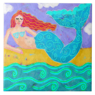 Red Haired Mermaid Abstract Art Tile