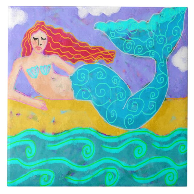 Red Haired Mermaid Abstract Art Tile (Front)