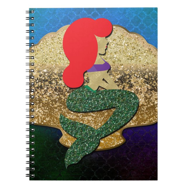 Red Haired Mermaid Golden Seashell Notebook (Front)