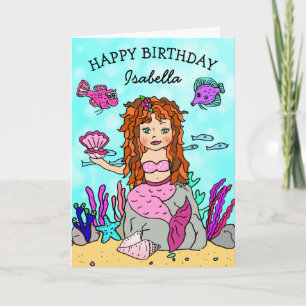 Red Haired Mermaid Happy Birthday Card
